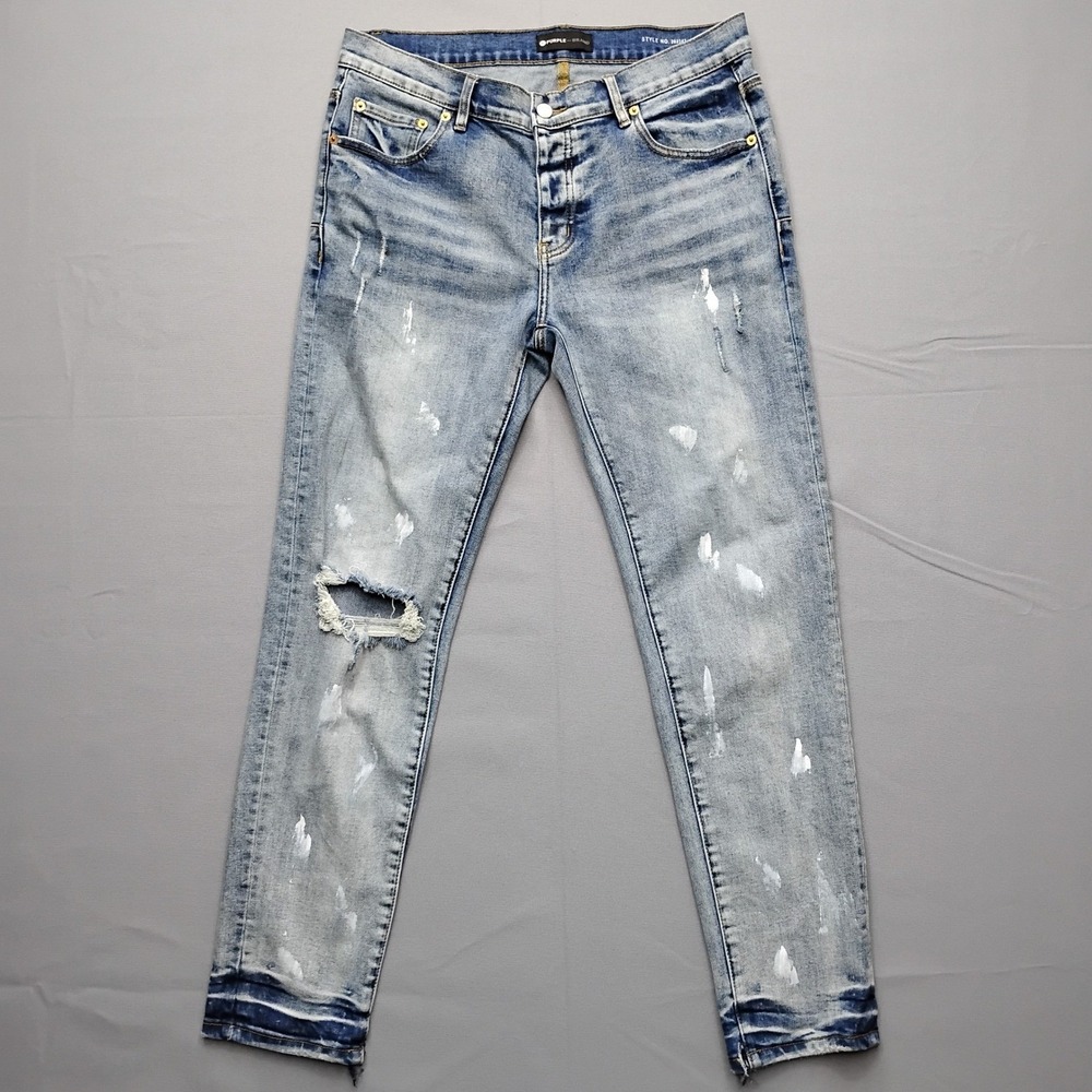 Purple Brand Slim Fit Jeans Mens 34 Light Indigo Paint Splatter Distressed